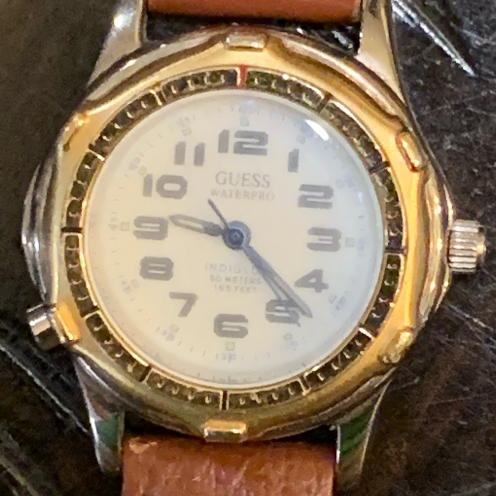 Women’s Guess Indiglo Watch White Face Gold Tone Bezel,  2 Piece Brown Band